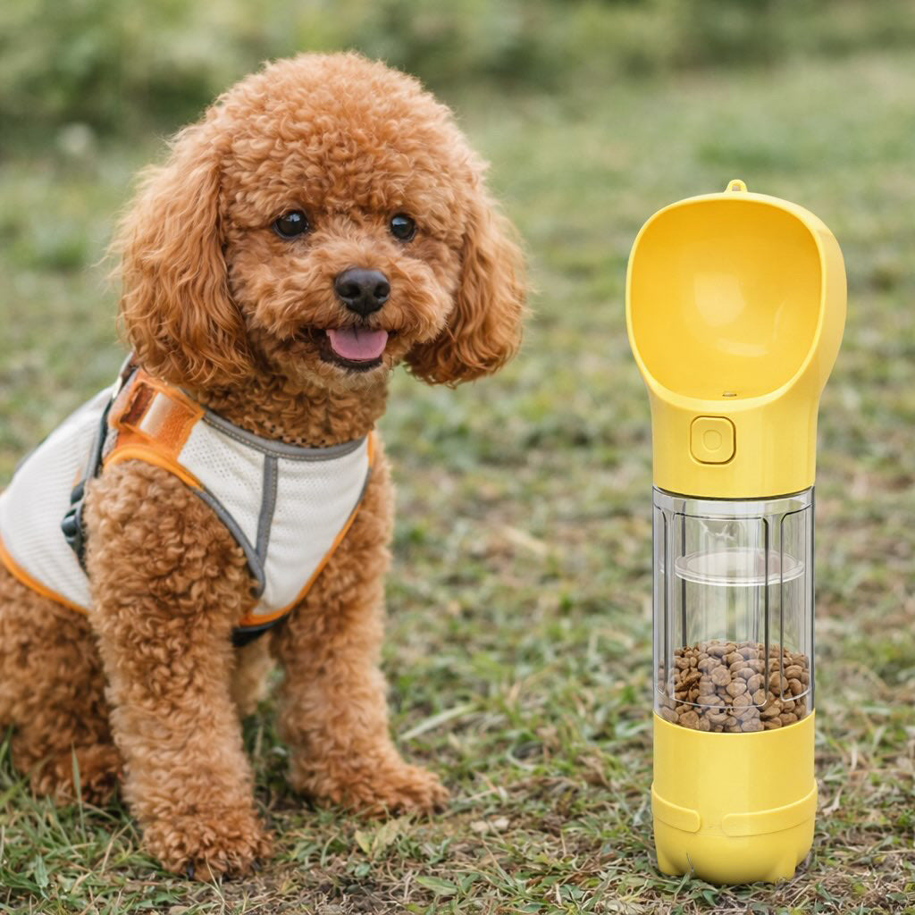 KOMMILIFE Portable Cat Dog Water Bottle Food Feeder Drinker Poop Dispenser 3 in 1 Leak-Proof Multifunctional Dog Waterer Bottle